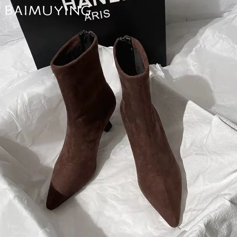 Wysokie obcasy damskie Szpiczaste buty do kostki Zamszowe designerskie seksowne czółenka Moda Buty zimowe 2024 Trend Nowa sukienka Botas De Mujer