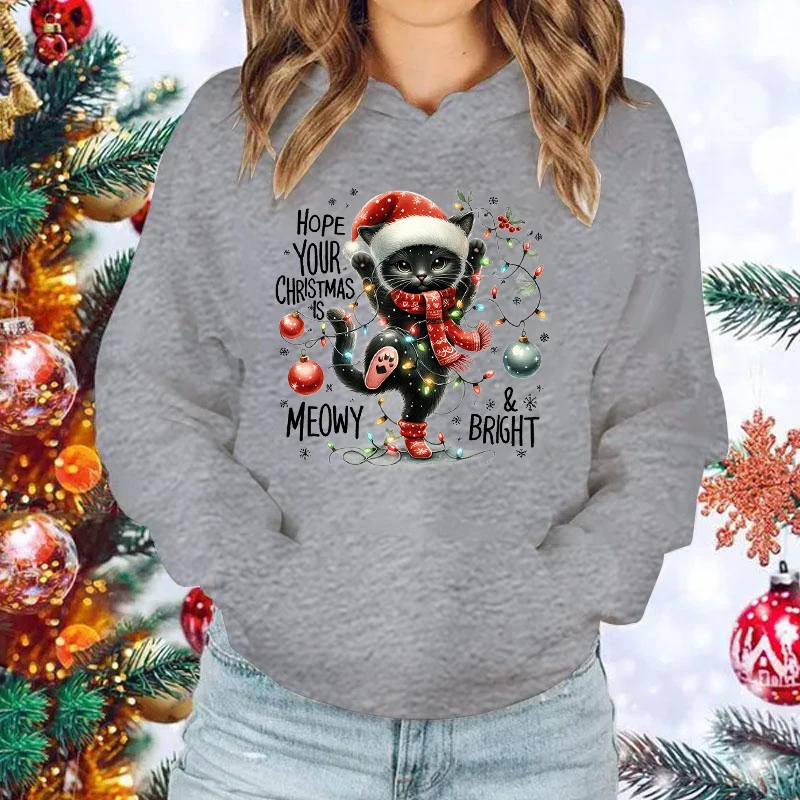 New Christmas Cat Hope Your Christmas Is Meowy Bright Print Hoodie Women Men Casual Tops Autumn And Winter Sweatshirts Pullover