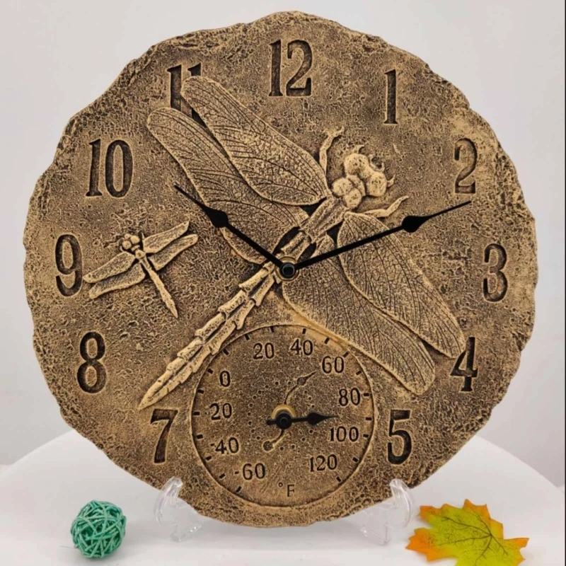 Reloj pared impermeable libre del jardín resina KX4B Reloj pared con termómetro para hogar