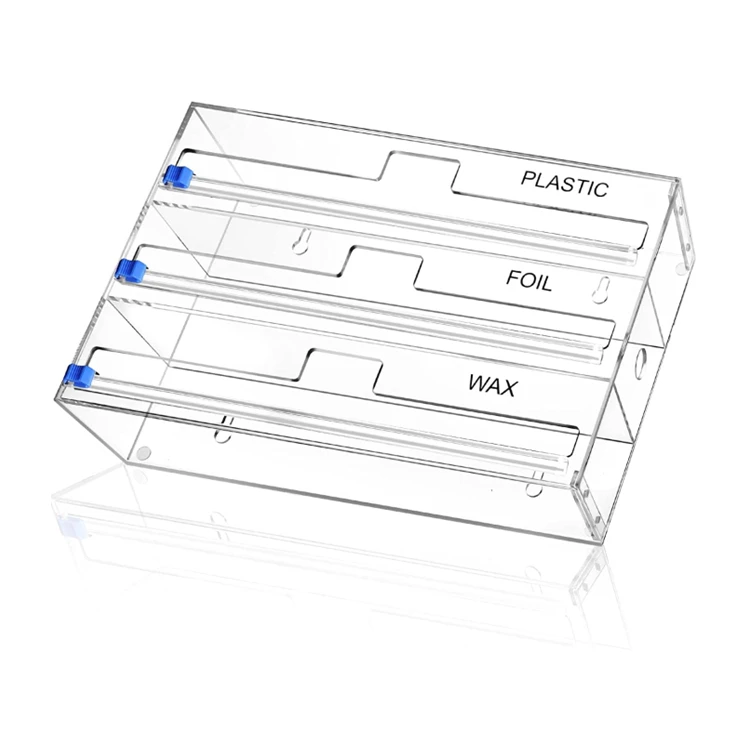 

Easily Used 3 in 1 Acrylic Kitchen Wrap Dispenser with Cutter Roll Holder Drawers Organizer Box for Plastic Wrap