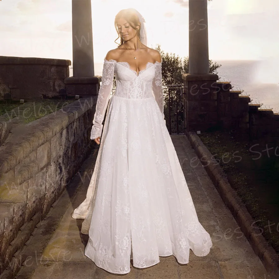 

Luxurious A Line Women's Wedding Dresses Off The Shoulder Vestidos De Novia Customized Bride Gowns Lace Appliques Vestidos Boda