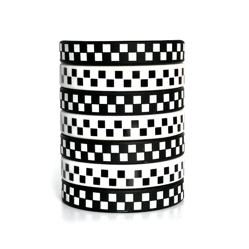 Vintage Couples Black White Plaid Checkered Pattern Silicone Bracelet Wristbands Decorations Favors Race Car Party Supplies