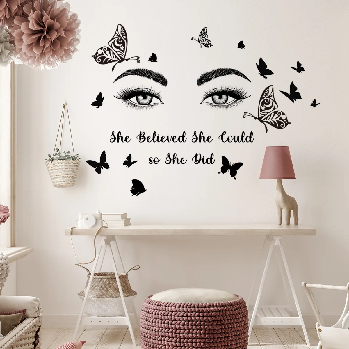 2pcs English Slogan Eyes Butterfly Wall Sticker Creative Bedroom Living Room Background Wall Room Decoration Mural Wall Sticker