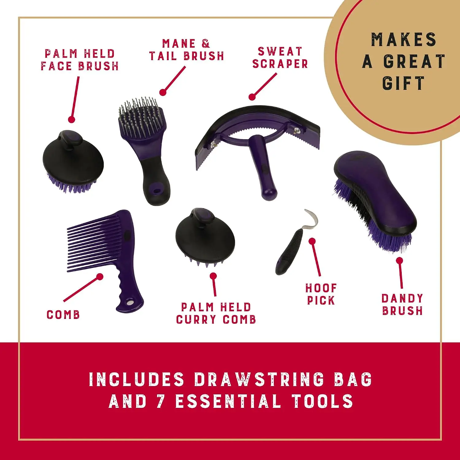 Weaver Equine Horse Grooming Kit, 7-Piece Horse Brush Set with Organizer Tote Bag, Hoof Pick, Comb, Sweat Scraper, Equine Tools view 4
