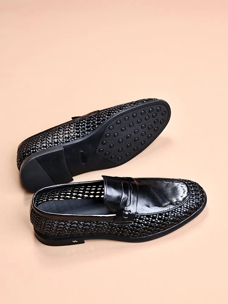 Summer Male Business Slip On Comfortable Low Cut Genuine Leather Dress Shoes Cowhide Knit Hollow Out Breathable Formal Footwear