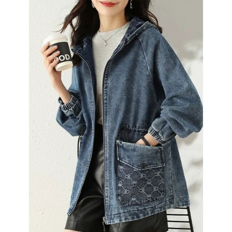 

Модная куртка на молнии с длинным рукавом, женская повседневная джинсовая куртка с капюшоном, свободная осенняя женская одежда с большим карманом