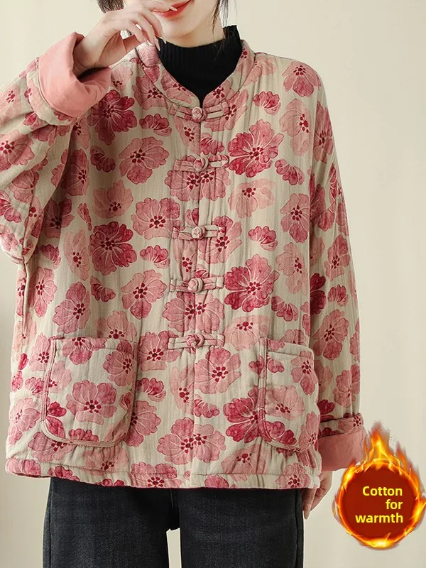 

New Chinese Style Floral Cotton Jacket Women's Winter Large Size Button Warm Cotton Insert Outerwear Artistic Loose Fit Long ...