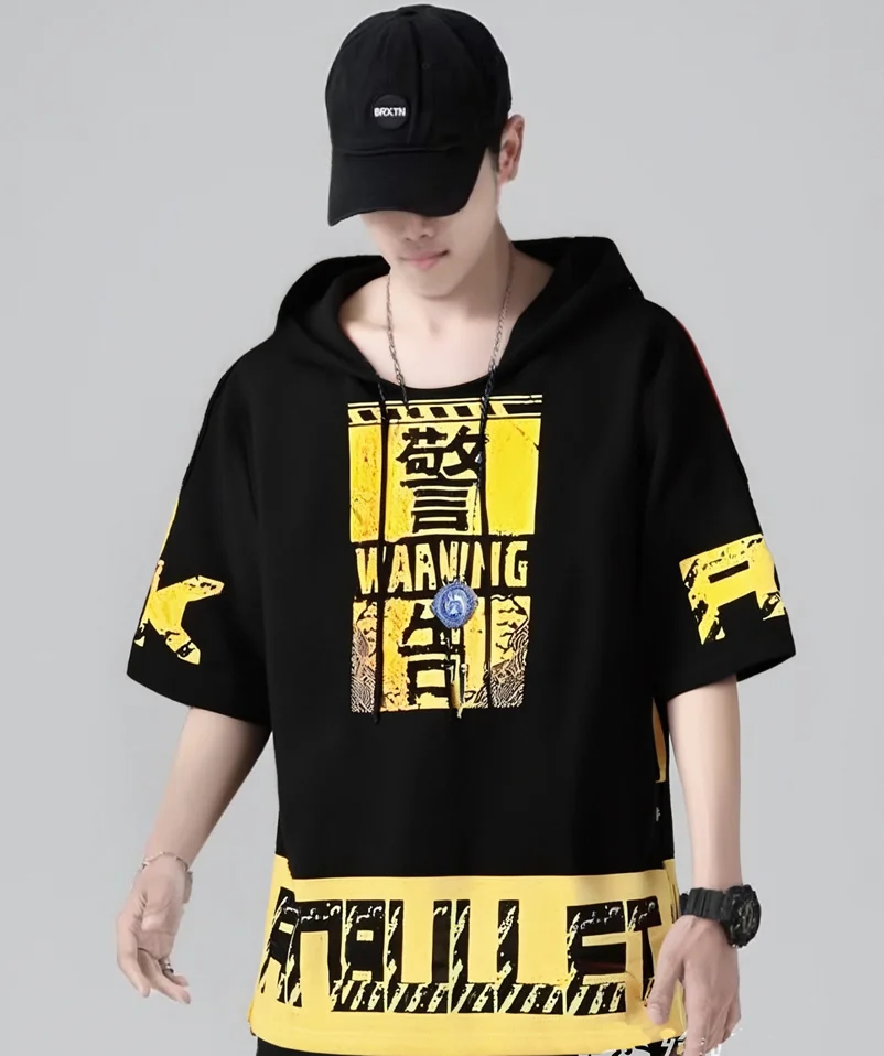 New Men T-shirt Korean Hooded T-shirt Fashion Harajuku Short Sleeve Top Hip Hop T Shirts Mens Summer