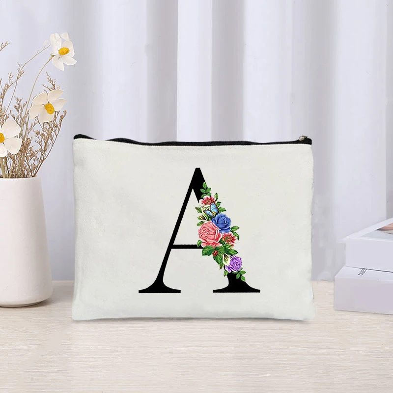 Floral Alphabet 26 Letters Women Makeup Bag Monogram Cosmetic Case Wedding Gift for Bridesmaid Teacher Pencil Case School Pursh