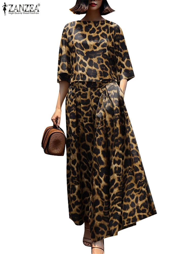 2点セット ヴィンテージ レディース マッチングセット レオパード柄 セットアップ 秋 パンツスーツ ZANZEA カジュアル Oネック 七分袖 ブラウス パンツセット
