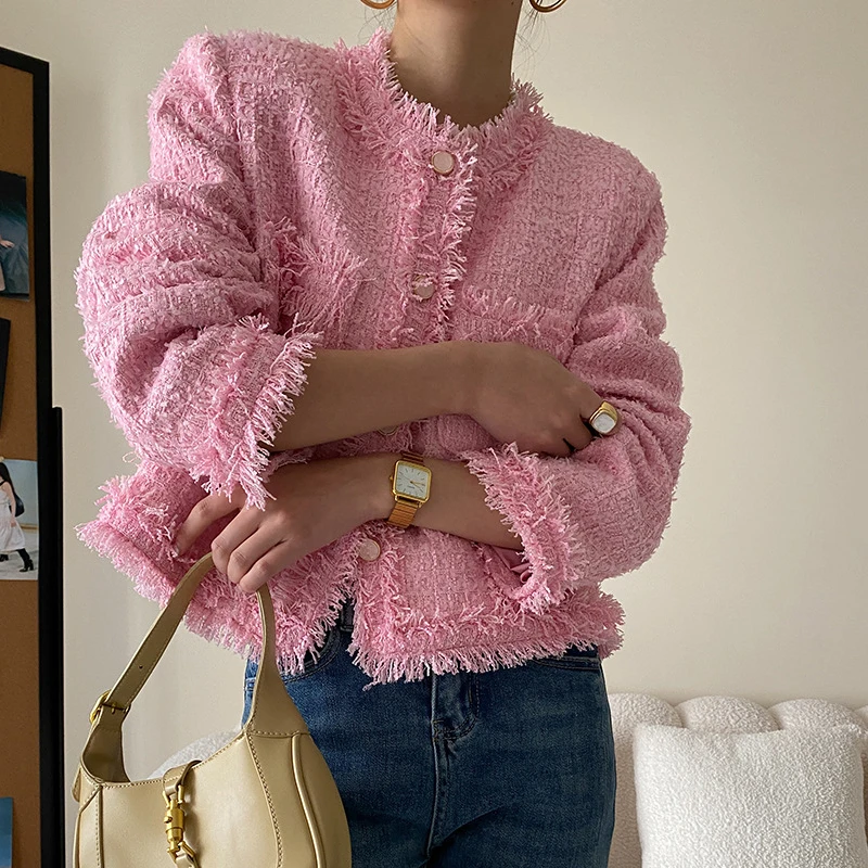 20% Wool Women Jacket Coat O-Neck Long Sleeve Pink Tops Single Button Fashion Coat Tops For Women New In Autumn Outerwears