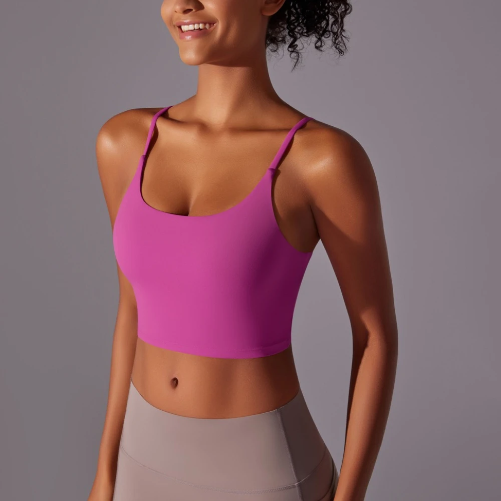 

Новый однотонный двусторонний нейлоновый спортивный бюстгальтер с полуфиксированными чашками для высокоинтенсивных тренировок, облегающий высокоэластичный фитнес-топ для женщин