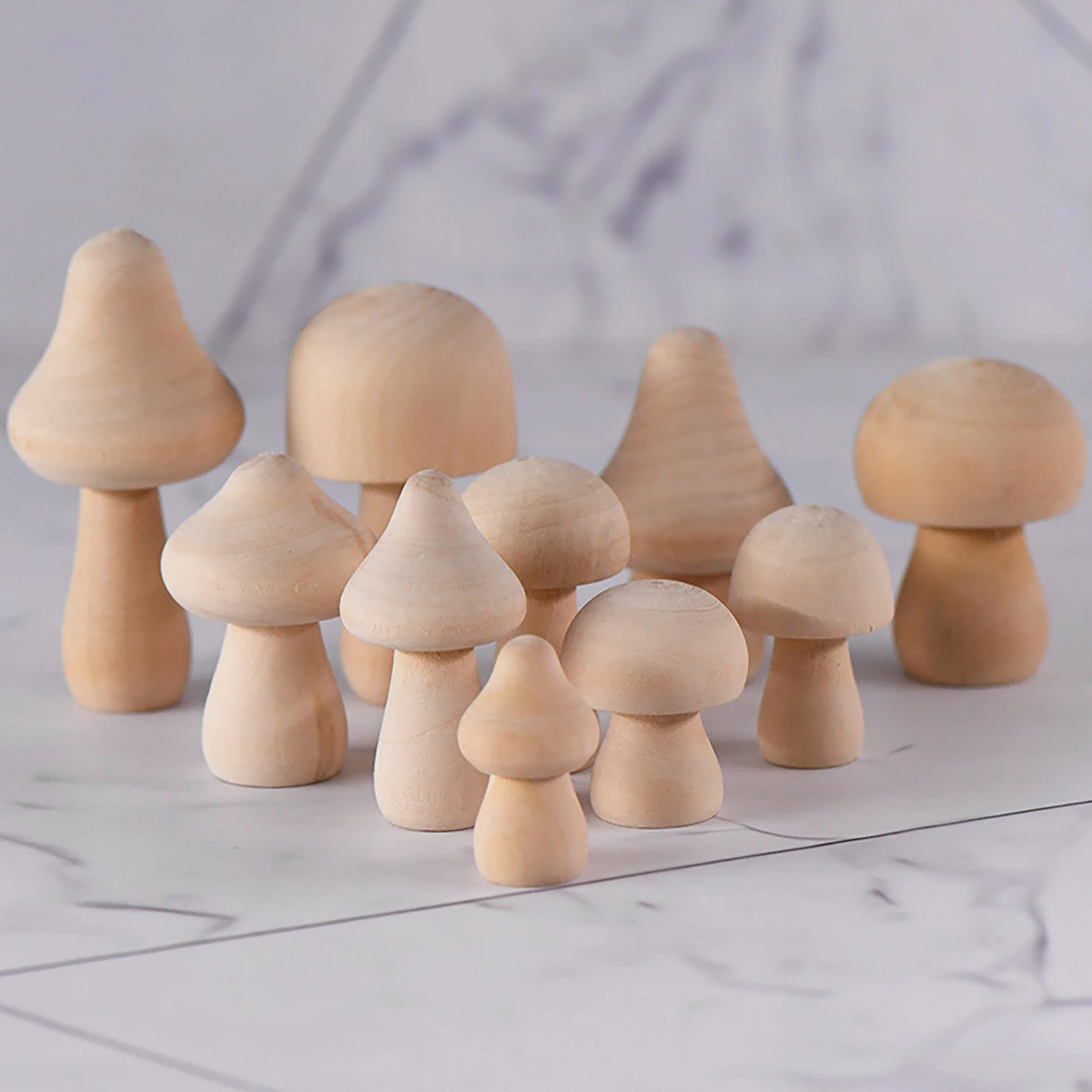 10pcs Set of Naturally Polished Raw Wood Mushroom Ornaments, Rustic Forest-Themed Wooden Decorations, Miniature Landscape Crafts