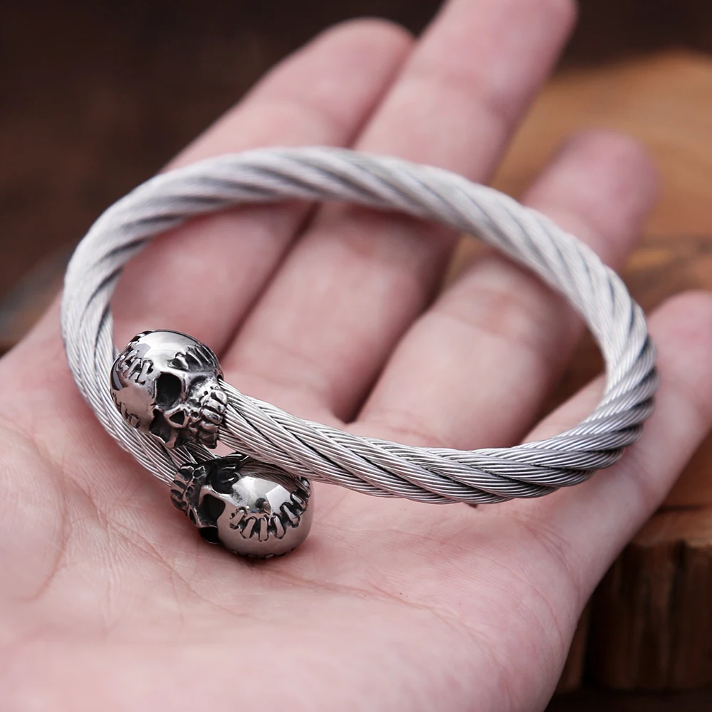 Punk Vintage 316L Stainless Steel Skull Head Bracelet For Men Fashion Biker Twist Rope Bracelets Party Amulet Jewelry Wholesale