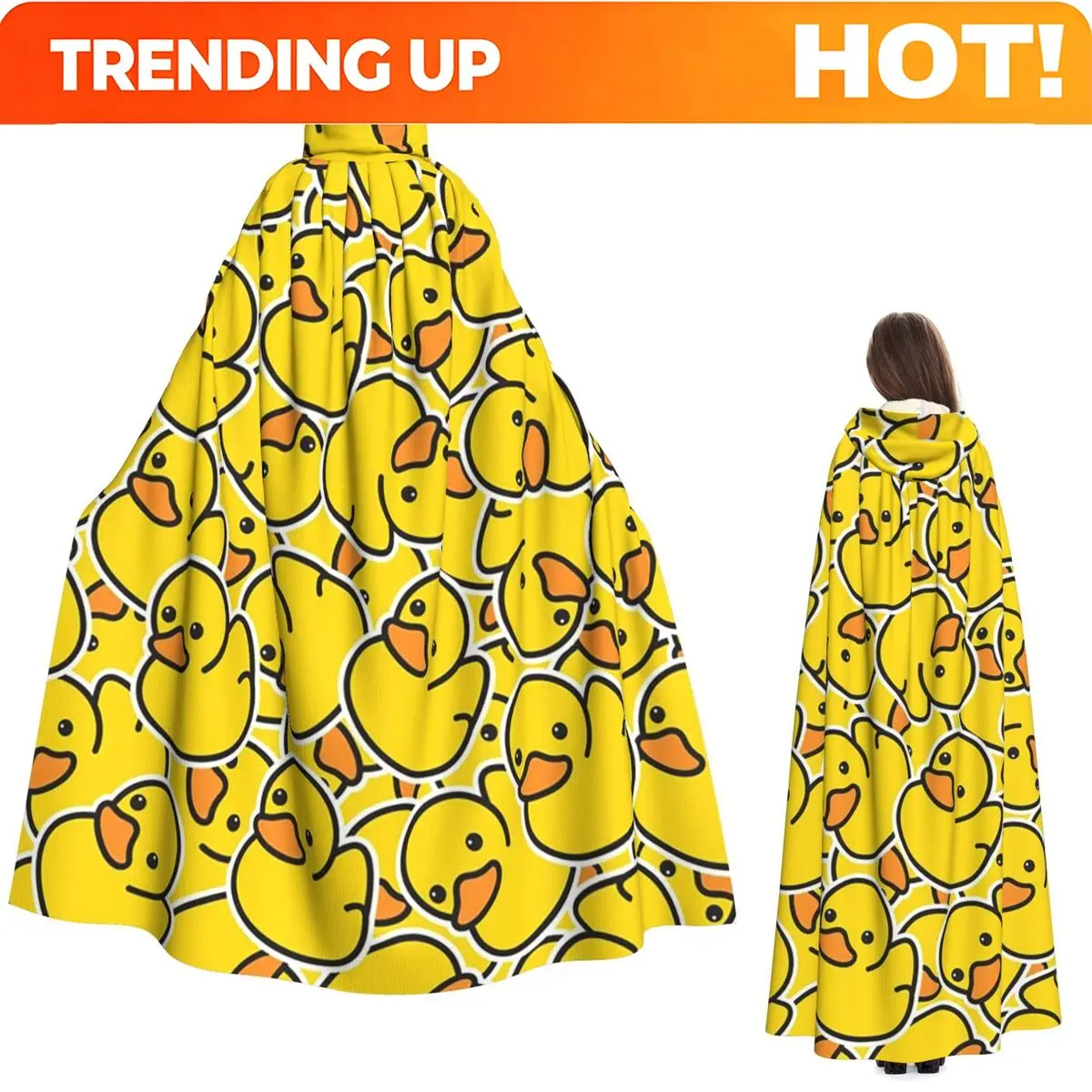 Customization Yellow Bathtime Rubber Ducks Pattern Long Hooded Cloak Witch Medieval Costume Cosplay Cape HalloweenCoat Adult Uni