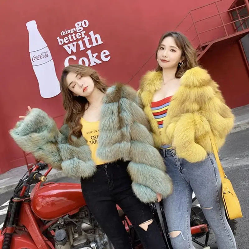 Luxury Women Faux Fox Fur Grass Coat Short Autumn Winter Thickened Striped Imitation Mink Fur Bomber Jacket Flocking Cardigan