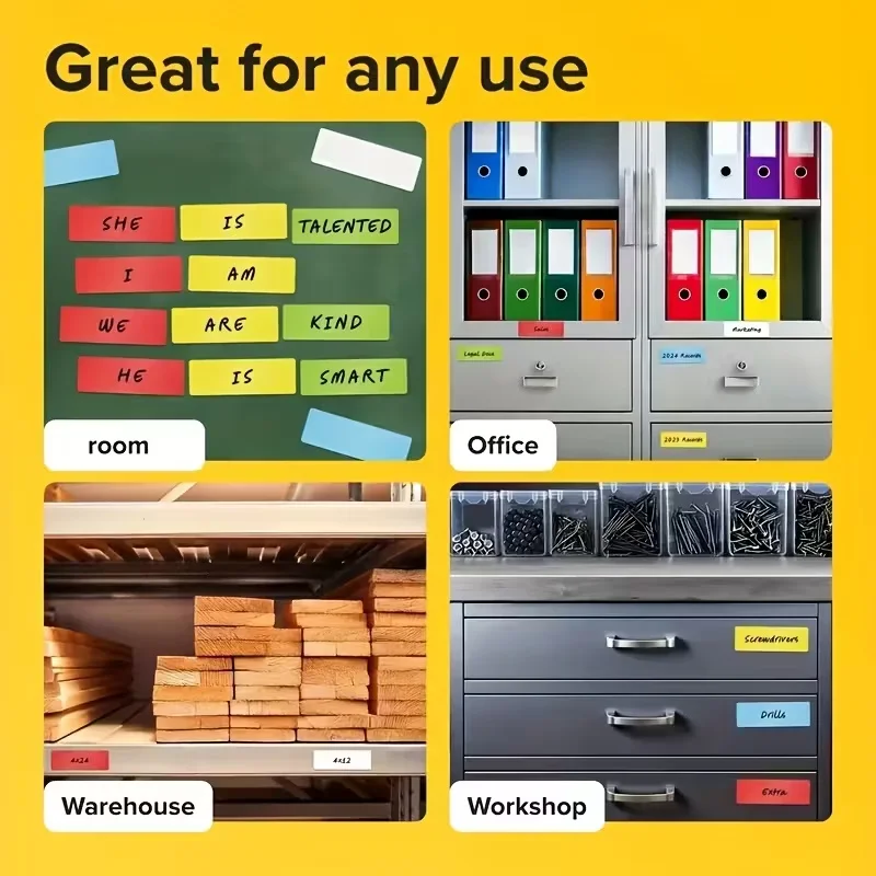 15개 색상 자석 라벨, 1.2x3.2인치 쓰기 가능한 화이트보드 - 냉장고, 사무실, 사물함 및 선반용 방수