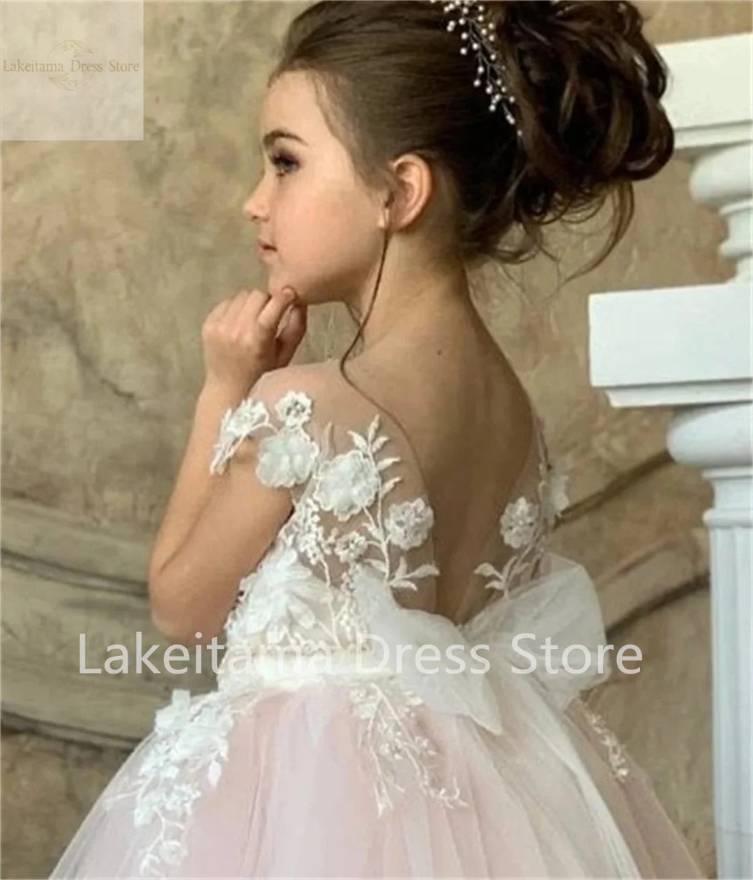 Robe de demoiselle d'honneur en tulle rose, col nude, dentelle de balayage au sol, appliques de fleurs, mariage mignon, mariage, anniversaire, convocation