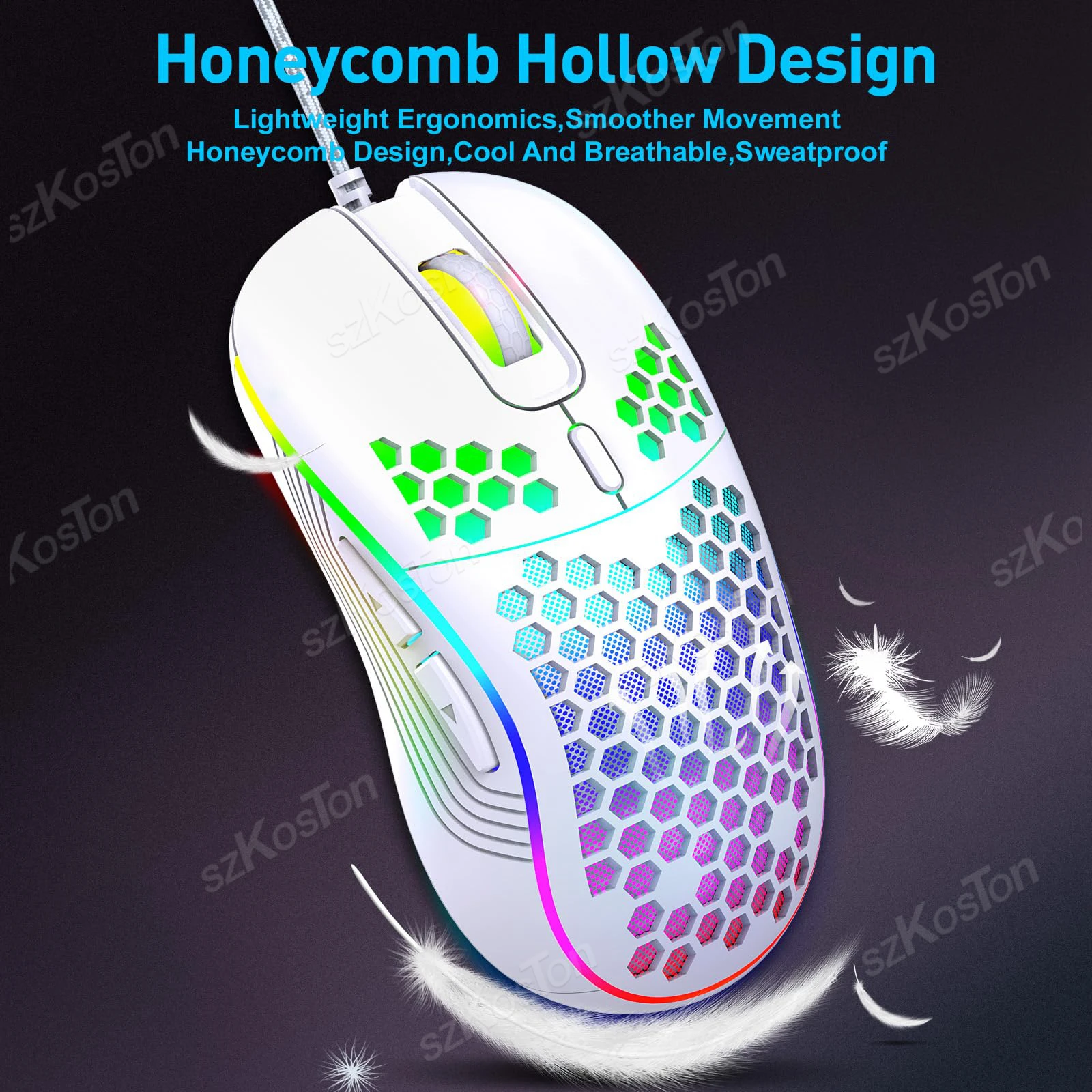 Honeycomb Wired Gaming Mouse RGB Backlight 7200 Adjustable DPI Ergonomic USB Computer Mice for Windows PC & Laptop Gamers