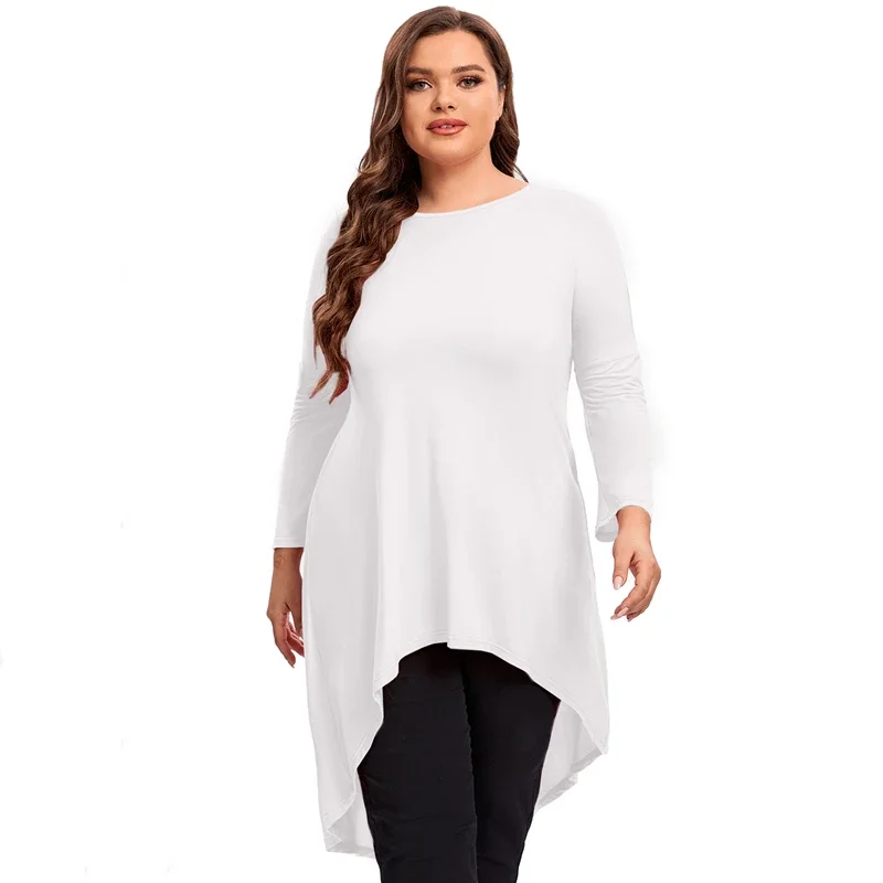 Plus Size Long Sleeve Casual Hi Low Tops Long Loose Fit Flare Basic Swing Blouse T Shirt Duży Rozmiar Wiosna Jesień Tunika 7XL 8XL