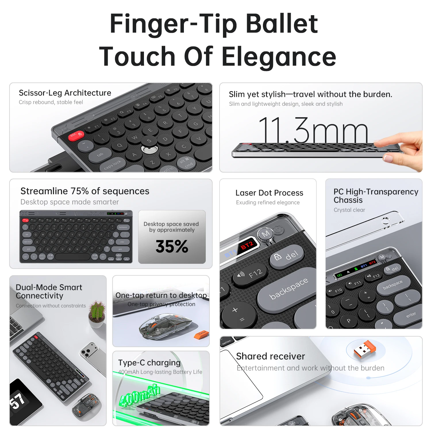Portable Compact 78-Key Round Keycap Keyboard Mouse Set, Triple Connection 2.4G+Dual Bluetooth Type-C Charging Silent Keyboard