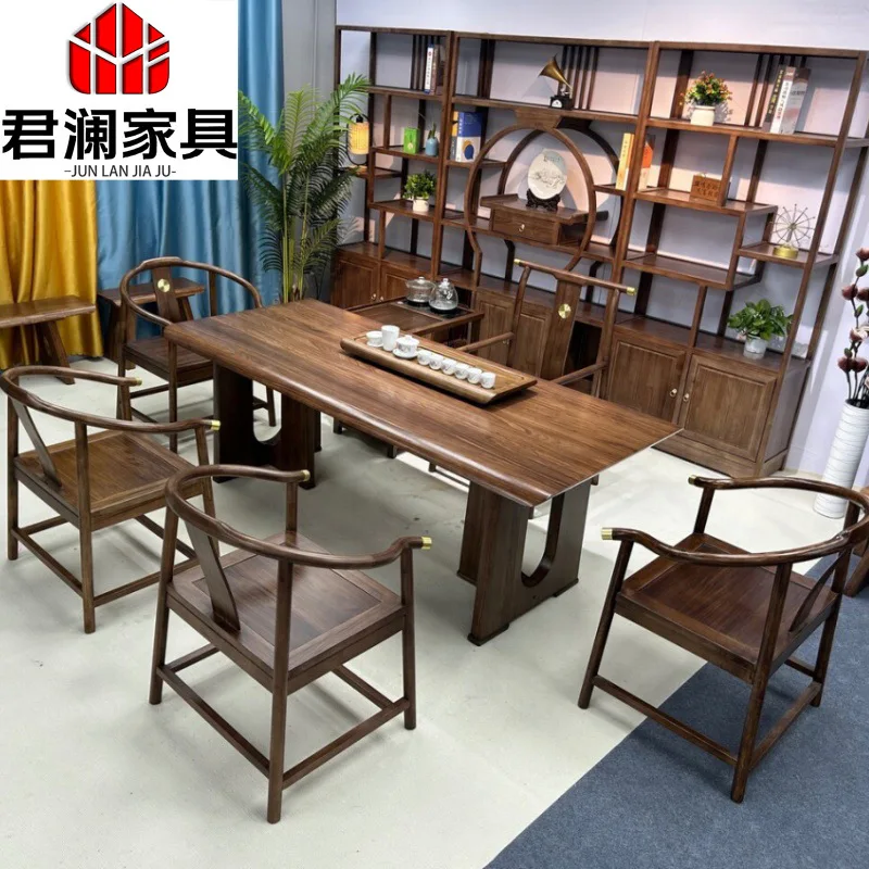 HT New Chinese large board solid wood  tea table chair combination office tea table chair living room home