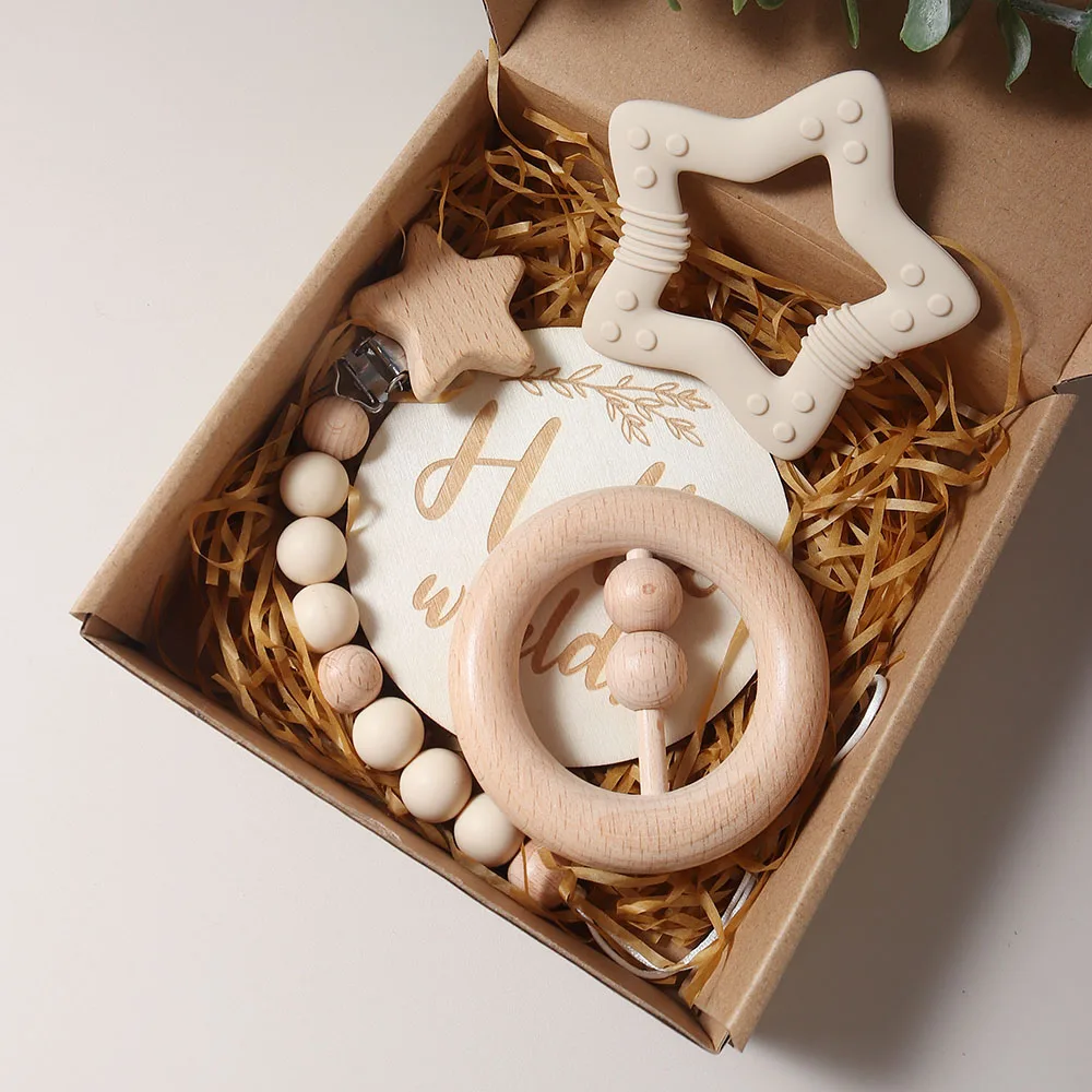 New born baby gift set silicone star teether wooden rattle Photography props