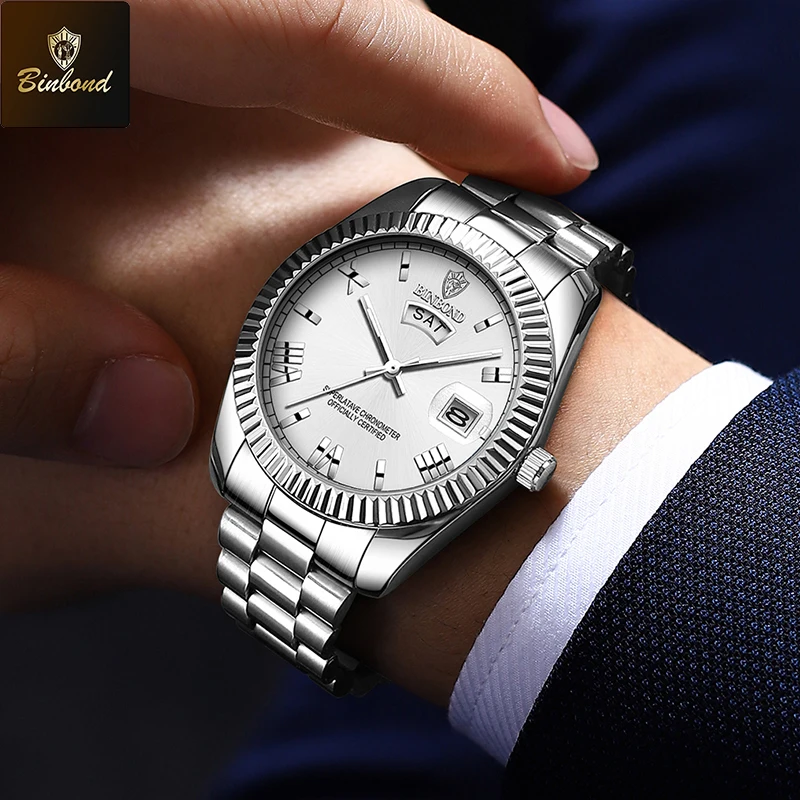 BINBOND ساعة معصم رياضية فاخرة للرجل مقاوم للماء مضيئة تاريخ الرجال ساعة كوارتز الفولاذ المقاوم للصدأ ساعات رجالية Reloj