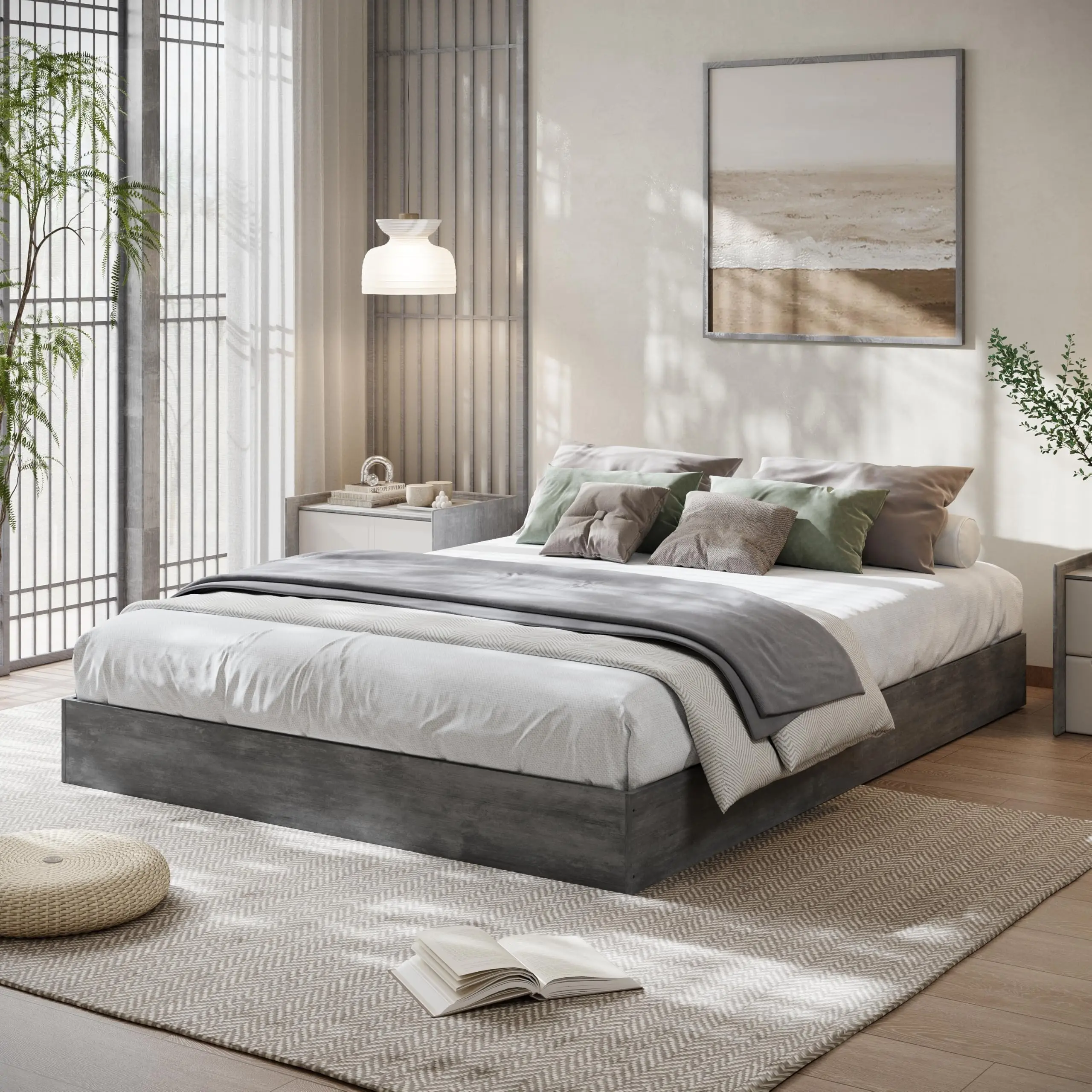 Wood Platform Bed Frame Sturdy Wooden Slat Support, No Headboard, No Box Spring Needed, Easy Assembly - Water-Washed Black