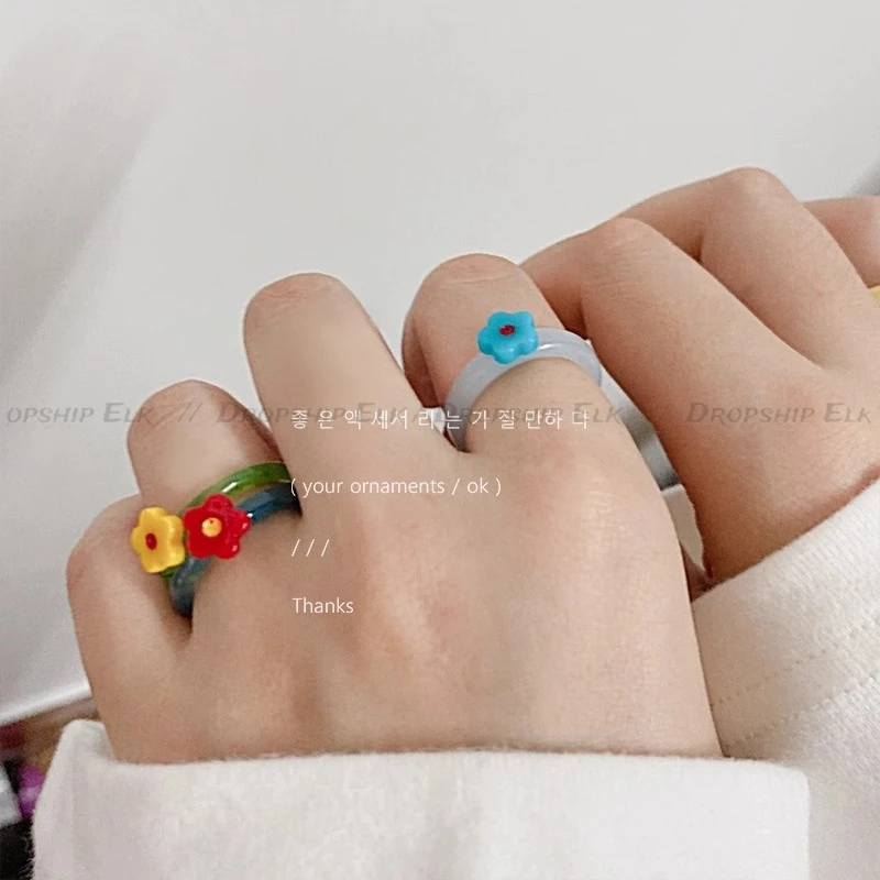 Colorful Enamel Heart Sweet Ring Trendy Geometric Dripping Oil for Women Girls Funny Y2K Chunky Jewelry Summer NEW