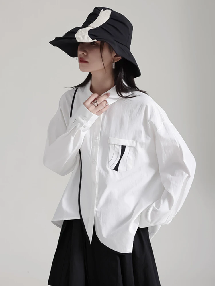 [EAM] Women White Irregular Hem Big Size Casual Blouse New Lapel Long Sleeve Shirt Fashion Tide Spring Autumn 2024 1DH5340