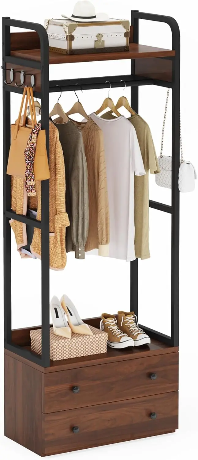 Little Tree 75 Inch Tall Freestanding Closet Organizer Small Clothes Rack Coat Rack With Drawers And Shelves, Heavy Duty Small