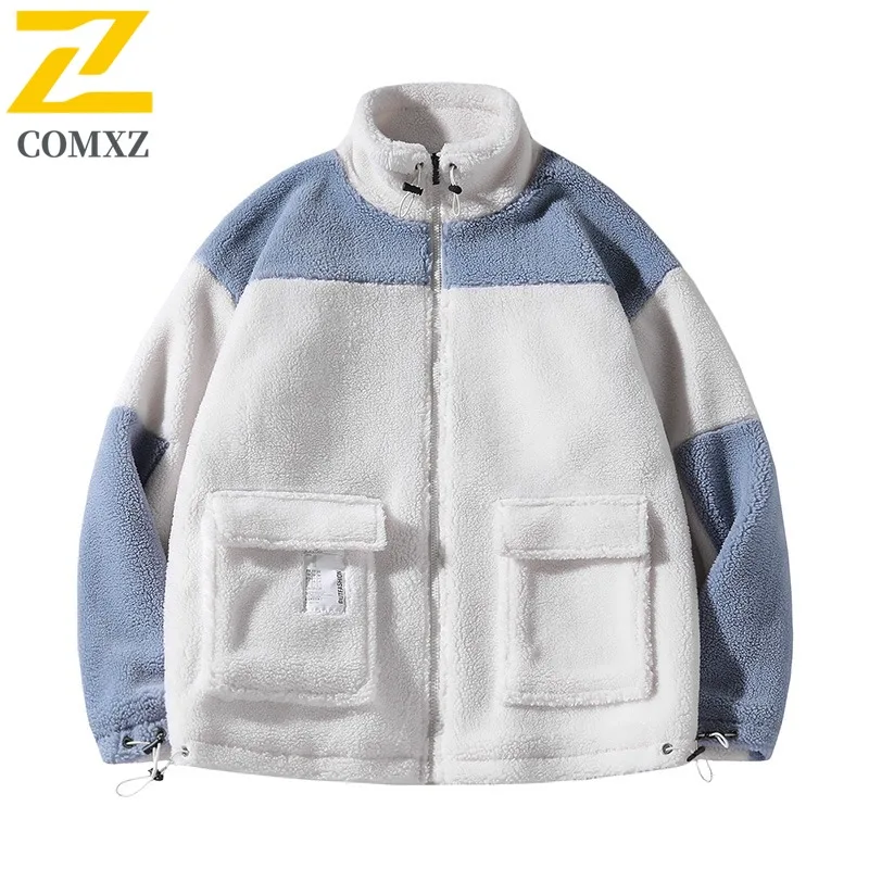 COMXZ 2025 Autumn Winter Men's Sherpa Lined Color Block Stand Collar Parka Coat Korean Style Streetwear Loose Fit Plus Size