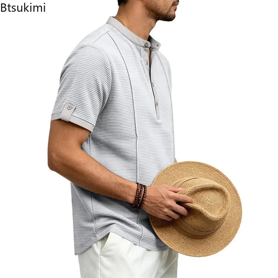 2026 Men Waffle Stand Collar Henley T Shirt Casual Button Placket Short Sleeve Tee for Summer Daily Wear European American Style