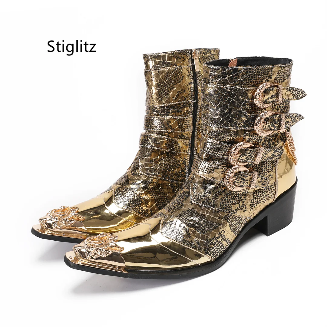 

Snake Pattern Gold High Heeled Men's Boots Metal Pointed Toe Chain Ankle Boots Luxury Design Multiple Belt Buckle Chelsea Boots