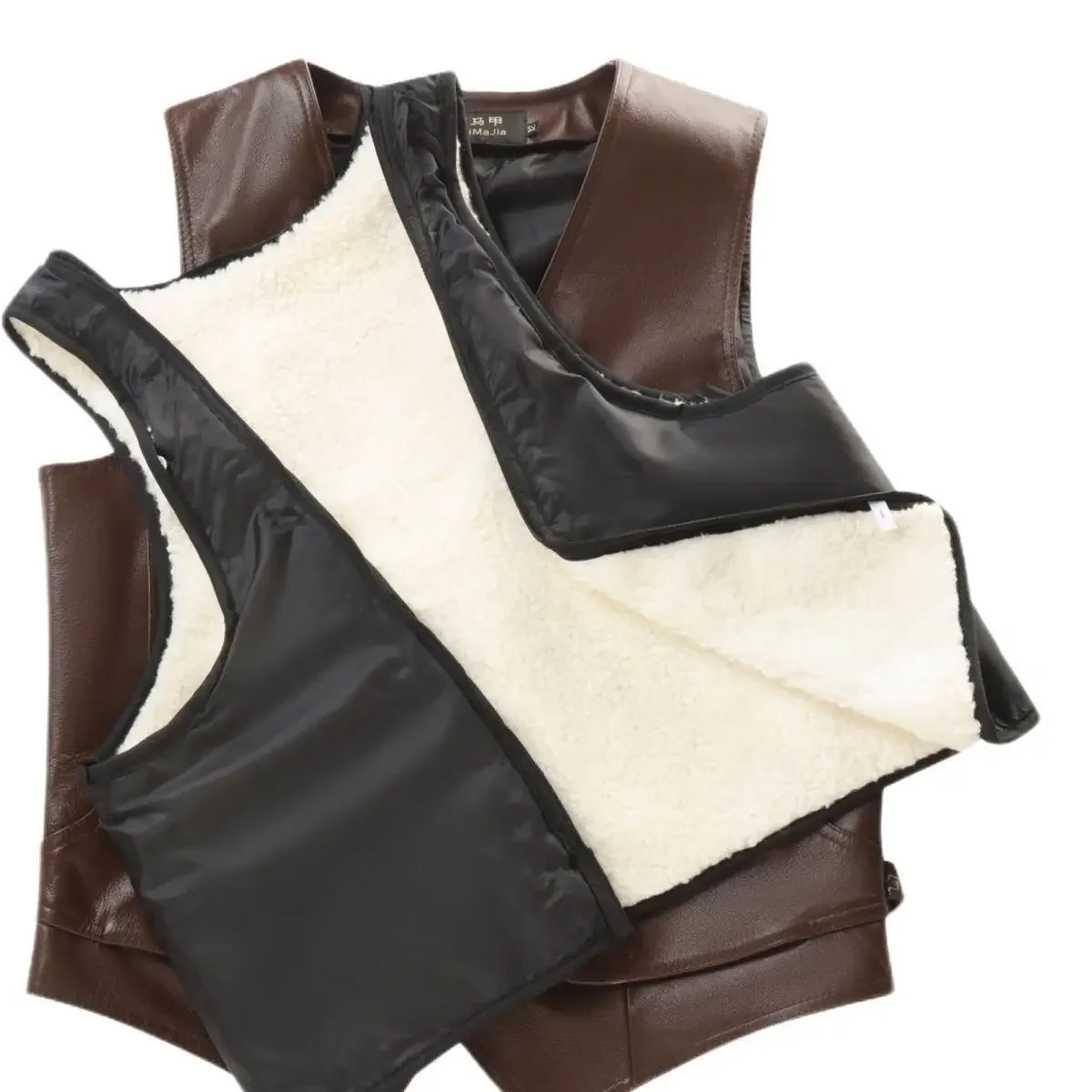 Mens Genuine Leather Cowhide Vest  Middle Aged and Elderly Men's Winter Vest Integrated with Fur and Thick Wool Lining Vest