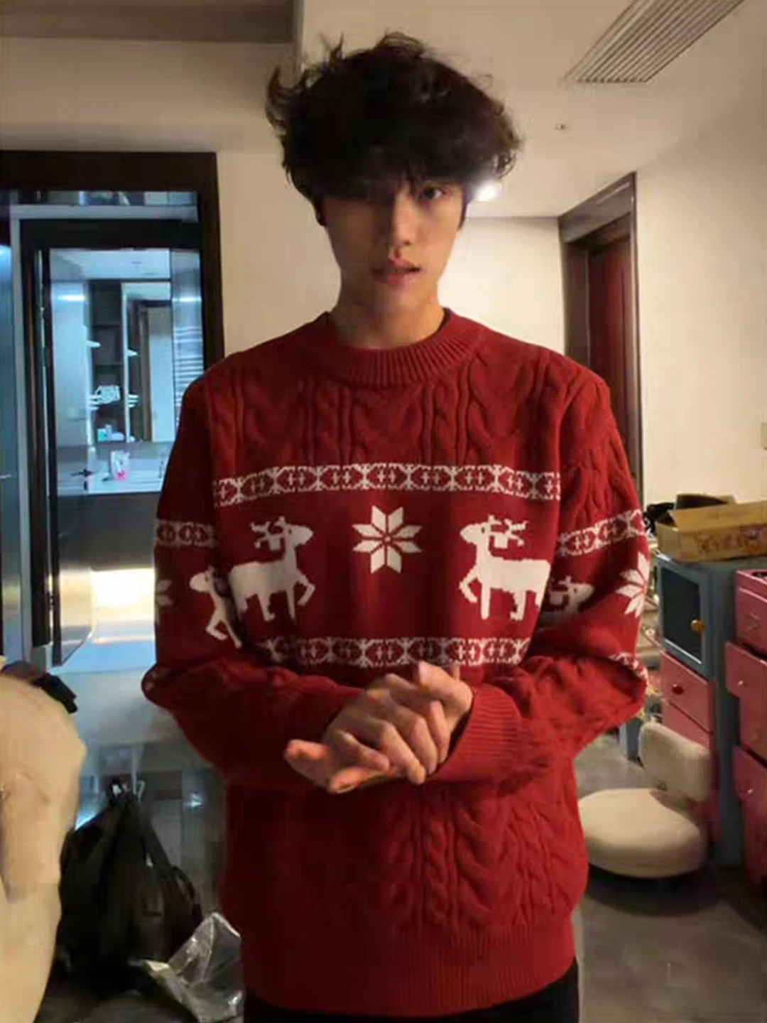 

Мужской вязаный свитер Cisas Theme красного цвета, свободного кроя, с длинным рукавом, круглым вырезом, плотной вязки