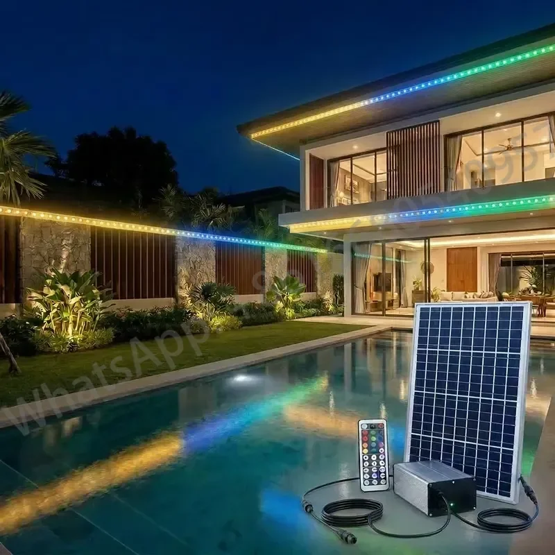 Waterproof IP67 Solar RGB LED Strip Light 10M Remote Control Dimmable Pole Mount Landscape Lighting for Smart City