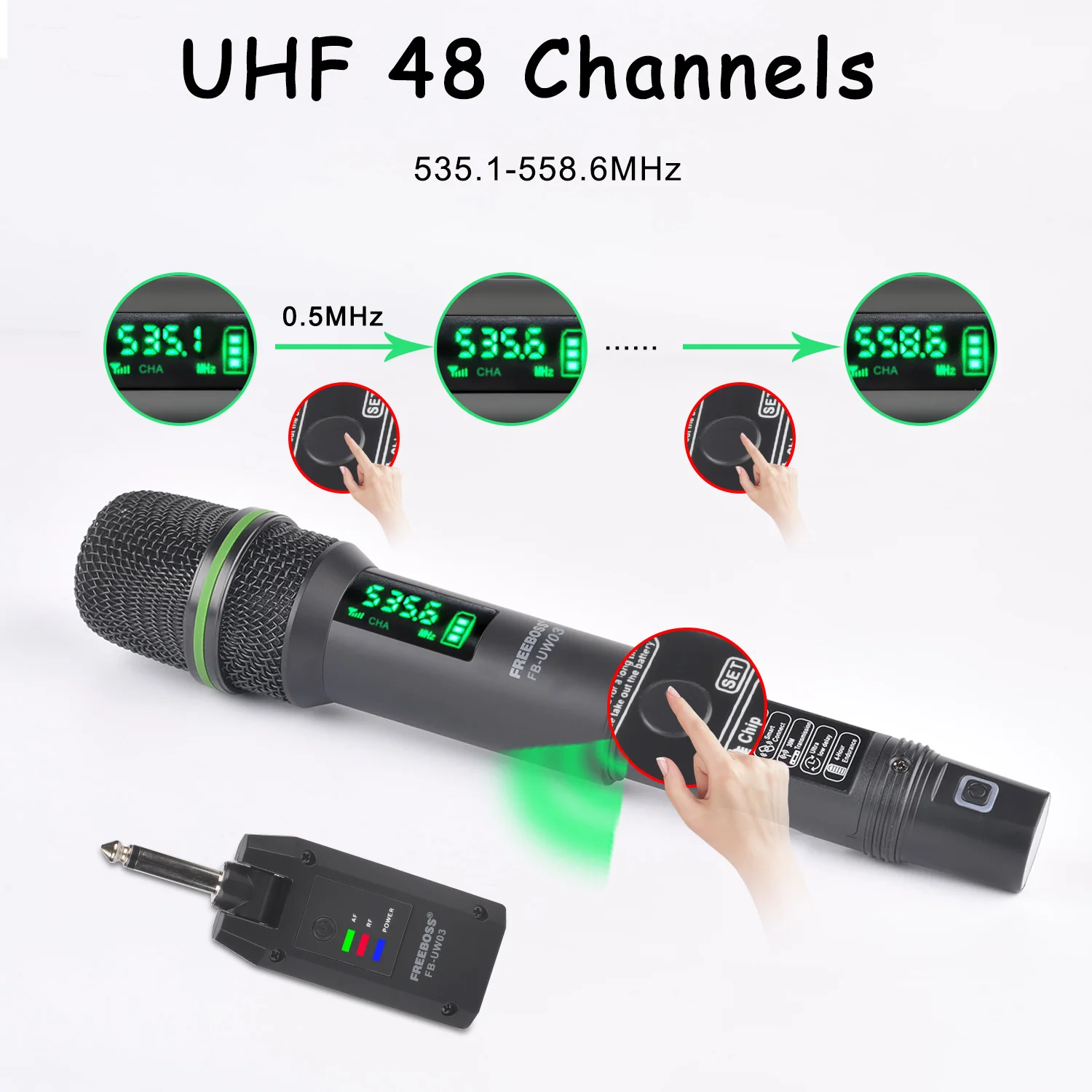 Freeboss-micrófono ajustable de frecuencia UHF 1, inalámbrico de mano, cardioide dinámico, sistema transmisor de plástico de 25m, FB-UW03