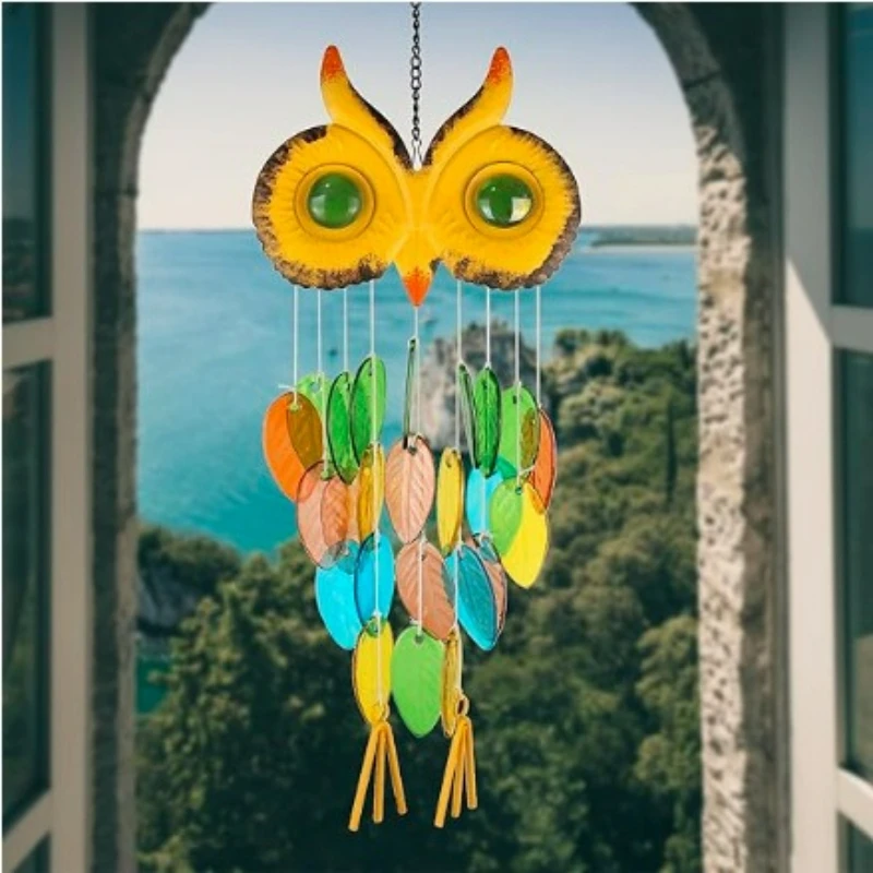 Glass Owl Wind Chime Suncatchers, Handcrafted Metal & Glass Wind Chimes for Outside, Unique Hanging Garden Decor for Patio Porch