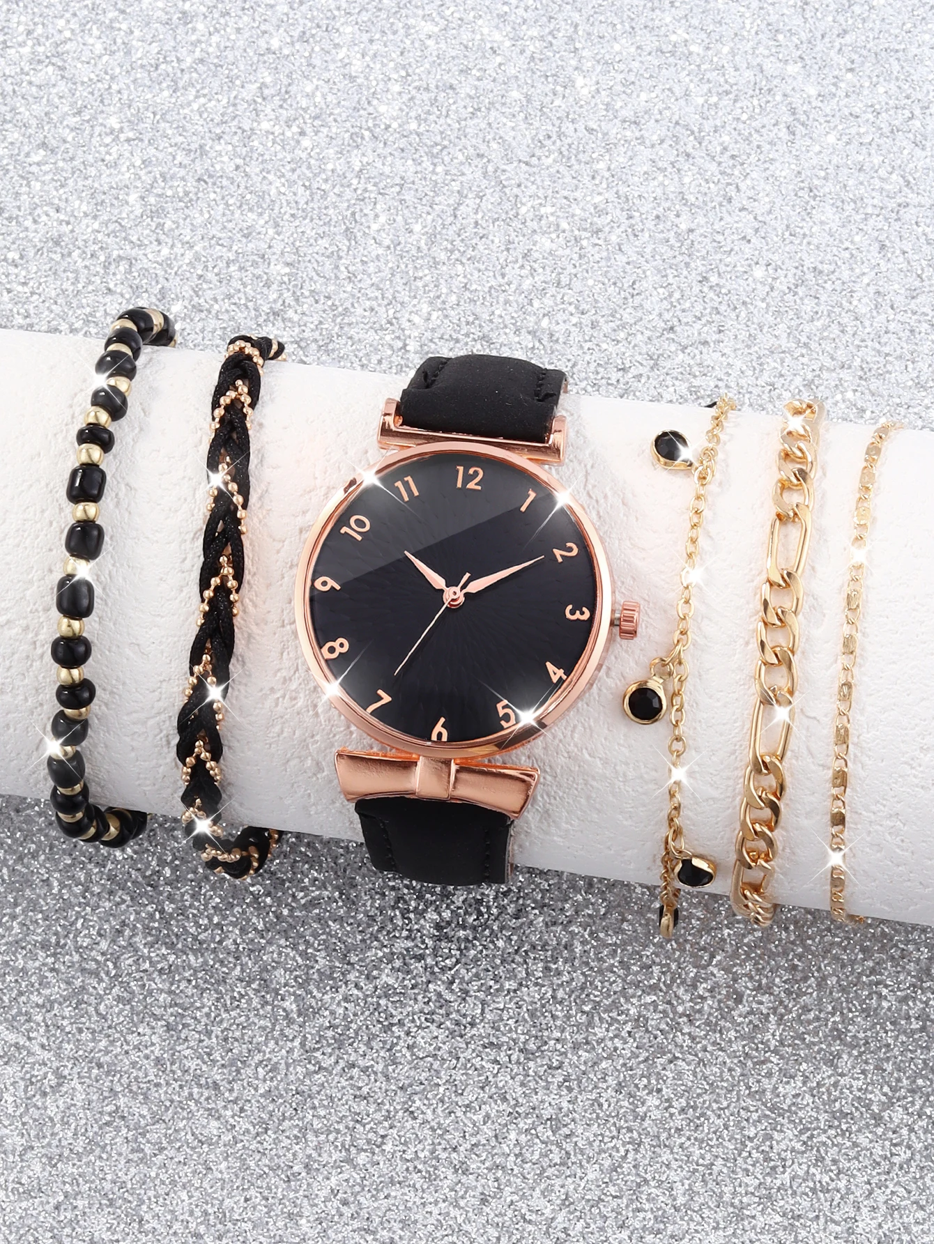 Black fashion convex design women's simple quartz watch and 5 bracelet set birthday gift everyday wear
