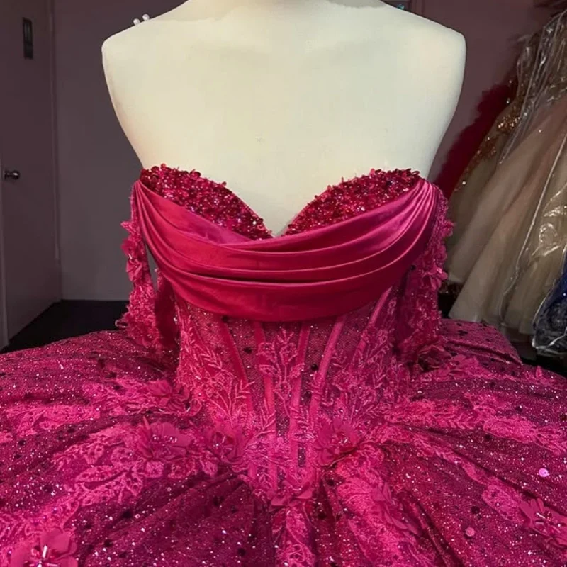

Customized Shiny rose pink Quinceanera Dresses Off the Shoulder sequin applique crystal Long tail Bow Vestido 15 Quinceanera