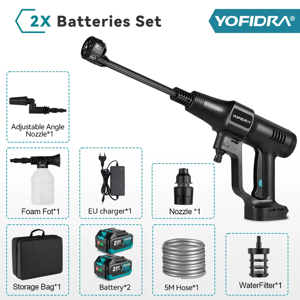 YOFIDRA 200Bar Borstelloze Hogedruk Autowaspistool Met Emmer Elektrische Tuinspuitpistool Voor Makita 21V Accu