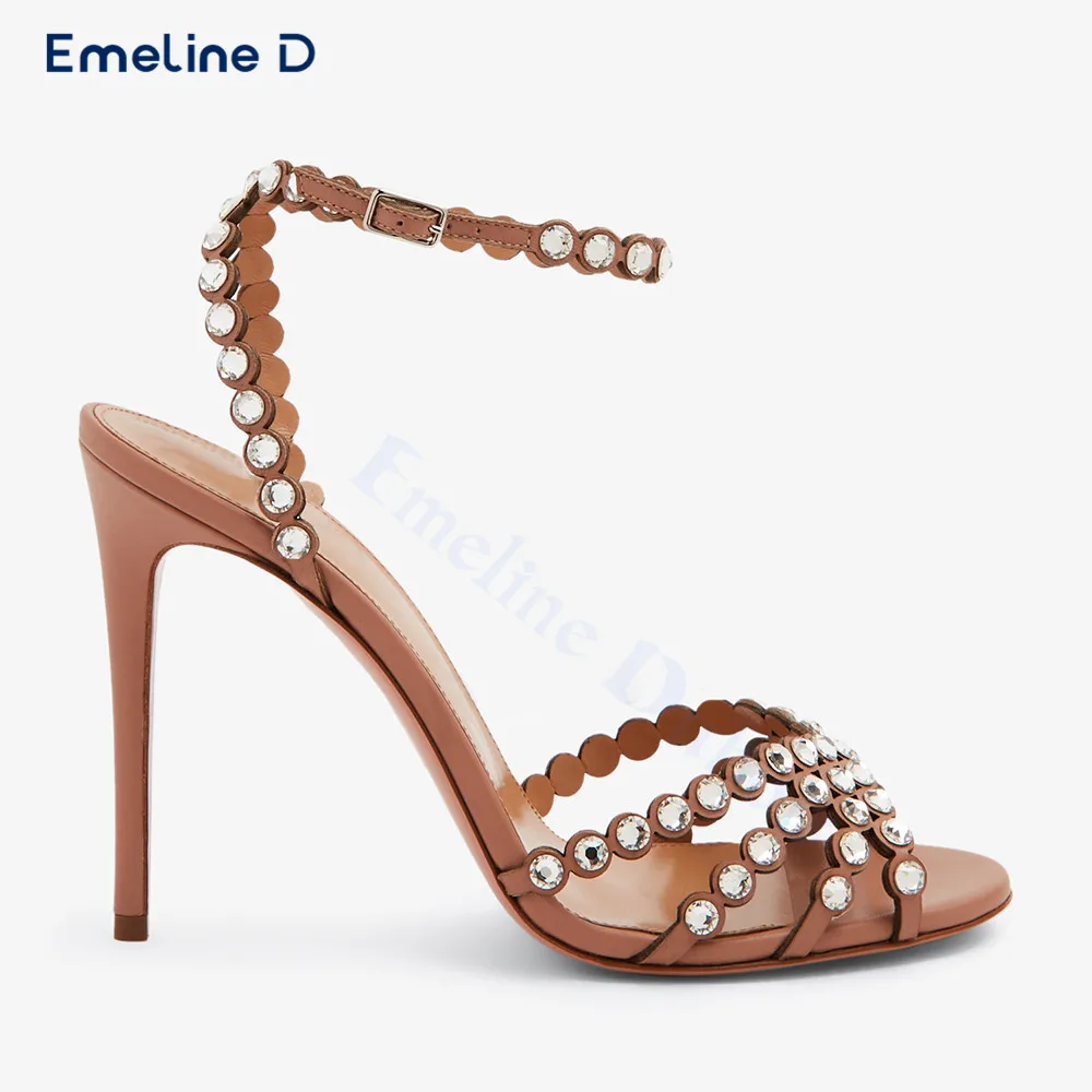 

Rhinestones Strappy Open-Toe Sandals with Round Toe and Stiletto Heels Sexy and Elegant Ankle-Buckled High-Heeled Sandals