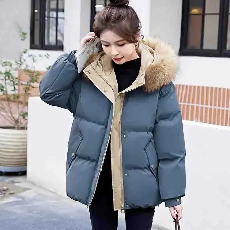 Autumn Winter Female Hooded Cotton Padded Coat 2024 Women Big Fur Collar Loose Fit Parka Jacket Ladies Thickening Puffer Outwear