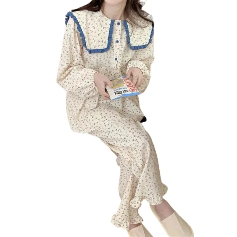 Floral Print Sleepwear Women Pajama Sets Button Piiama Korean Pants Sets for Women 2 Pieces Ruffles Night Wears Autumn Home Suit