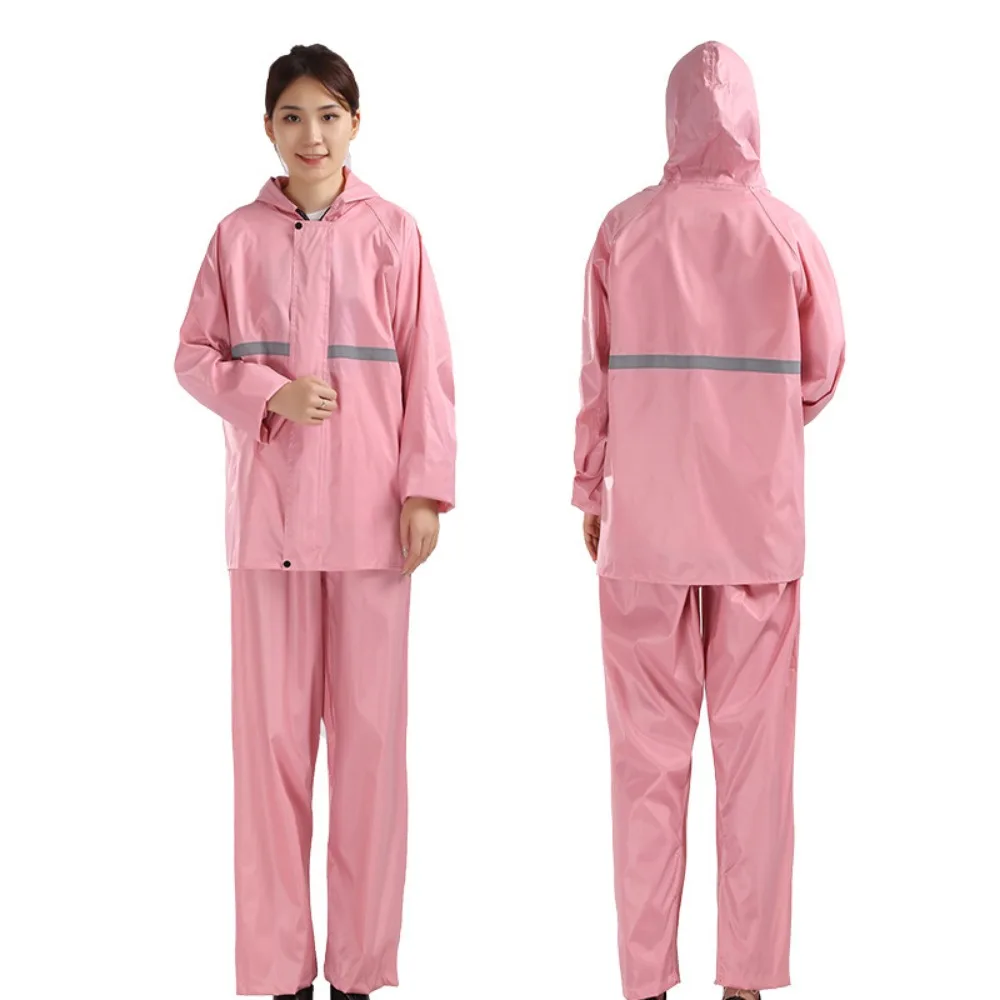 

Reflective Strip Raincoat and Rain Pants Suit Oxford Cloth Hooded Design Motocycle Riding Raincoat Reusable Durable