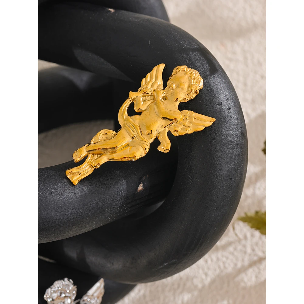 Yhpup 316L Stainless Steel Metal Angel Blow Horn Brooch Pin for Women Individualistic Clothing Accessories Gift Chic Jewelry
