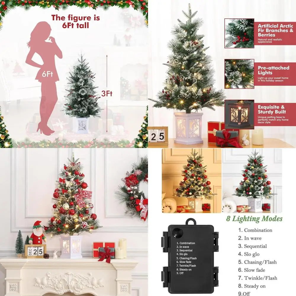 

78-LED Fiber Optic Christmas Tree, 3ft with Snowflake Base, 8-Mode Lights, Red Berries, Easy Assembly, 2-Piece