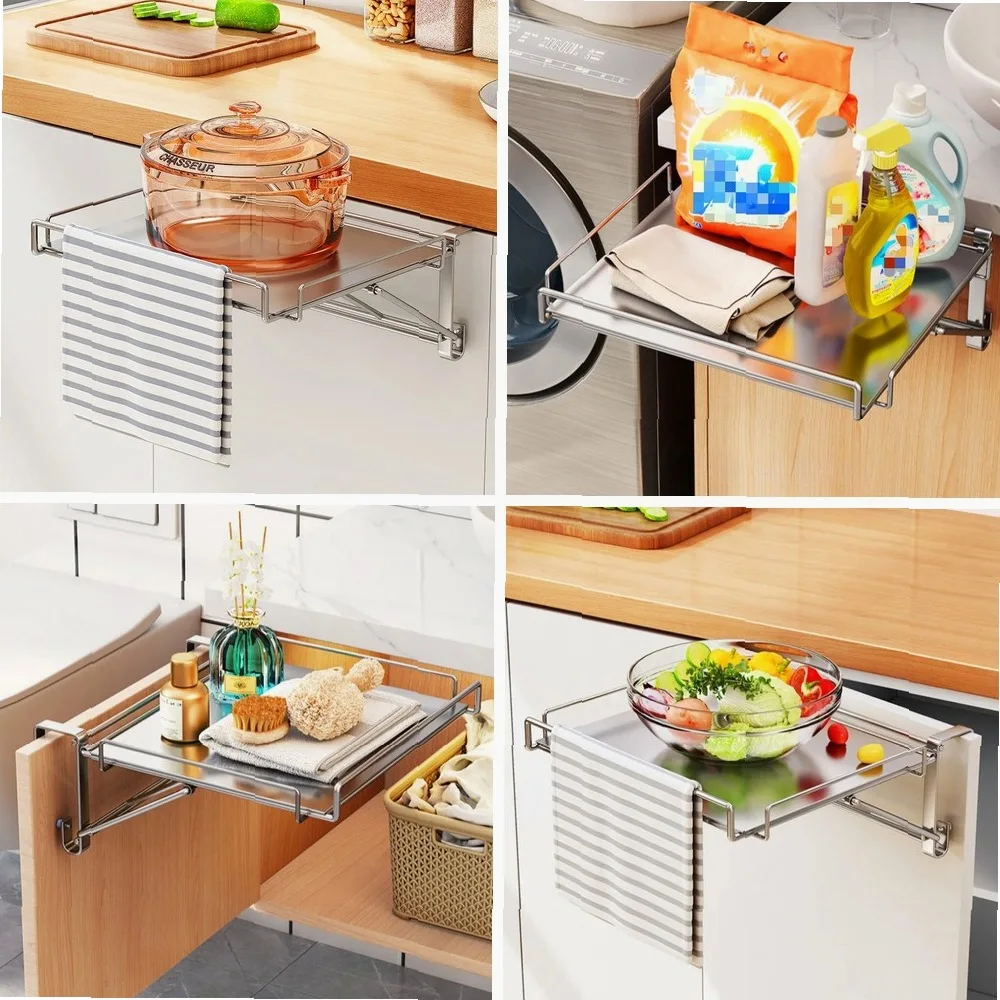 Stainless Steel Foldable Countertop Storage Rack, Space-Saving Extendable Shelf for Bathroom & Kitchen Organization